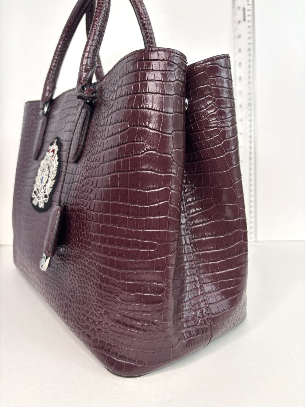 Ralph Lauren Bullion Large Marcy Satchel Croc-Embossed Mahogany Leather Bag - Picture 3 of 16